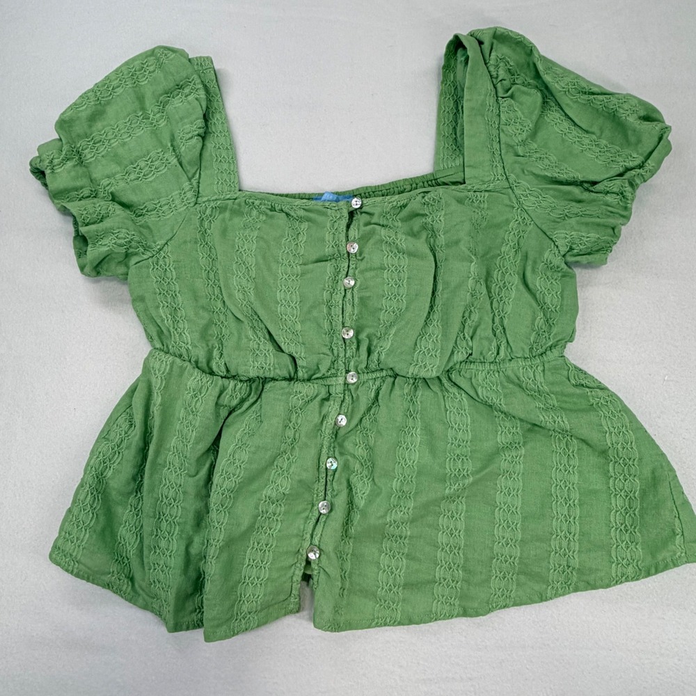 Draper James RSVP Womens Peplum Top Large Green Eyelet Puff Sleeve Button Front